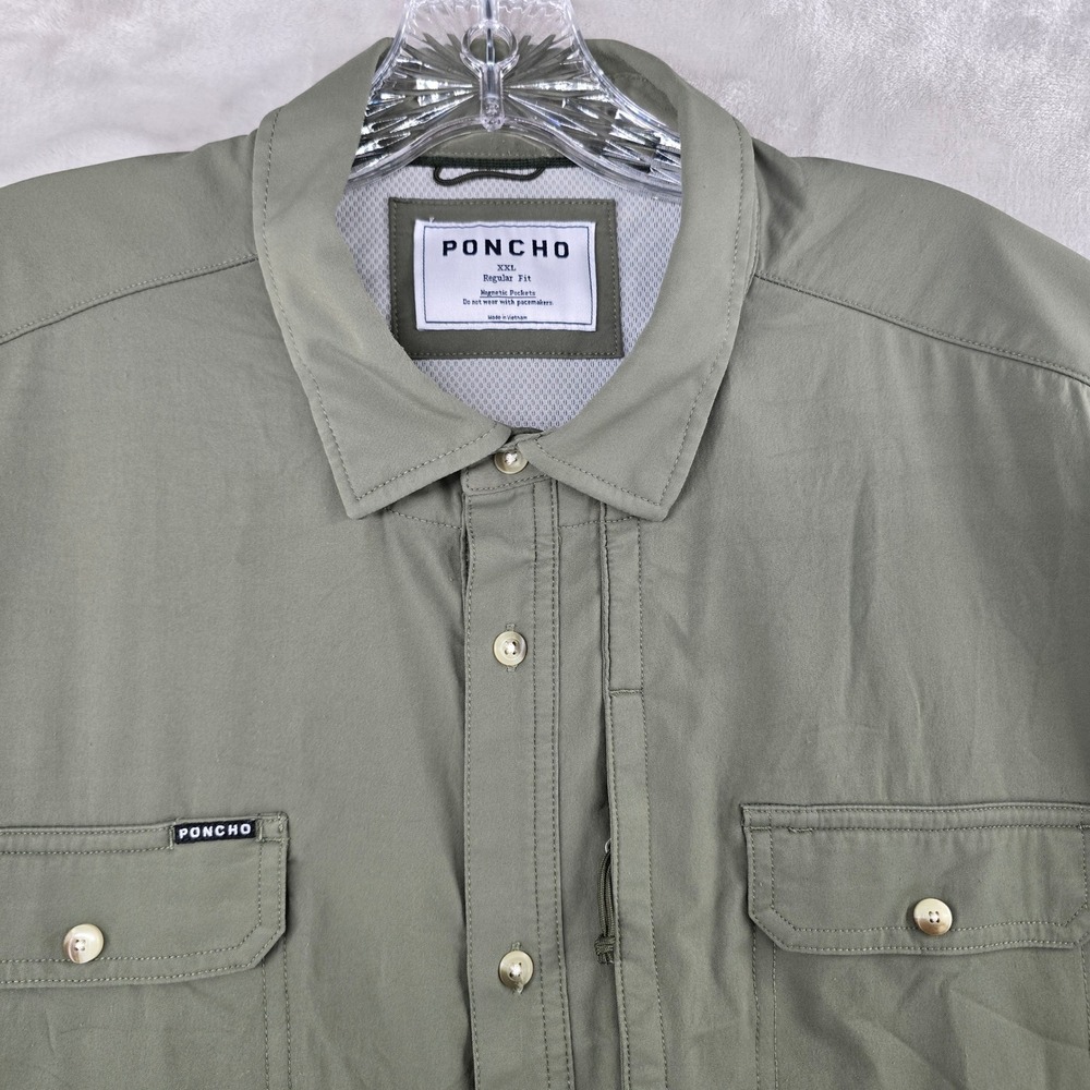 Poncho Outdoors Shirt Mens XXL Green Short Sleeve Magnetic Pocket Fishing